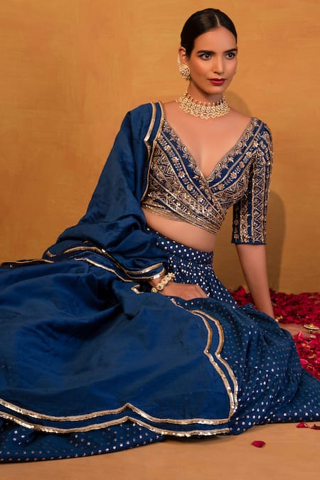 Buy Esha Koul Blue Chanderi, Semi-crepe V Neck Lehenga Set Online at Aza Fashions Buy_Esha Koul_Blue Chanderi, Semi-crepe V Neck Lehenga Set _Online_at_Aza_Fashions