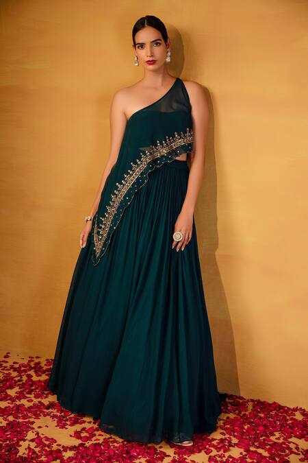Esha Koul Green Georgette, Semi-crepe Na Embellished Cape And Lehenga Set Online at Aza Fashions Esha Koul_Green Georgette, Semi-crepe Na Embellished Cape And Lehenga Set _Online_at_Aza_Fashions