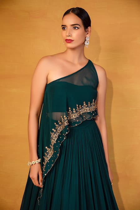 Buy Esha Koul Green Georgette, Semi-crepe Na Embellished Cape And Lehenga Set Online at Aza Fashions Buy_Esha Koul_Green Georgette, Semi-crepe Na Embellished Cape And Lehenga Set _Online_at_Aza_Fashions