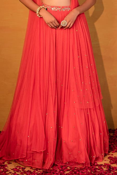 Esha Koul_Peach Net, Semi-crepe V Neck Embellished Draped Blouse And Lehenga _at_Aza_Fashions