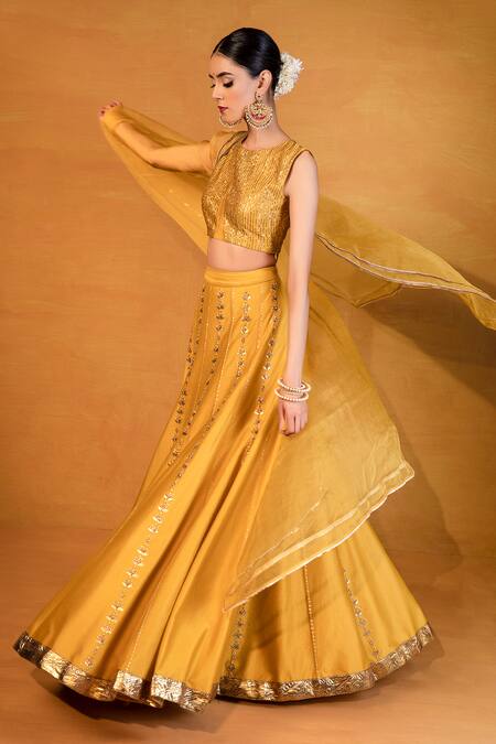 Buy_Esha Koul_Yellow Organza, Chanderi, Semi-crepe Round Lehenga Set _Online_at_Aza_Fashions
