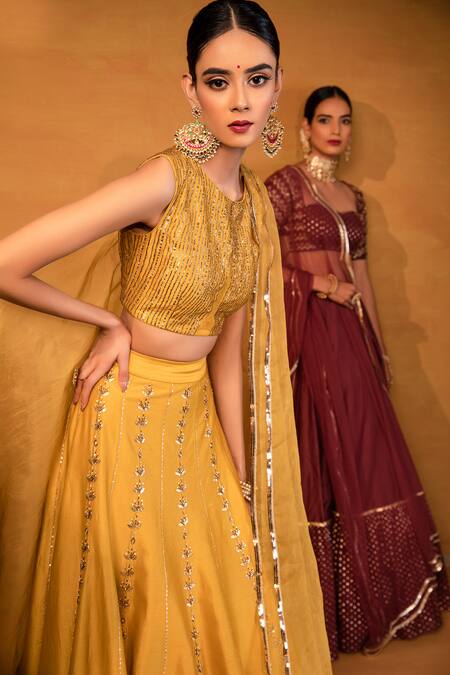 Shop_Esha Koul_Yellow Organza, Chanderi, Semi-crepe Round Lehenga Set _Online_at_Aza_Fashions