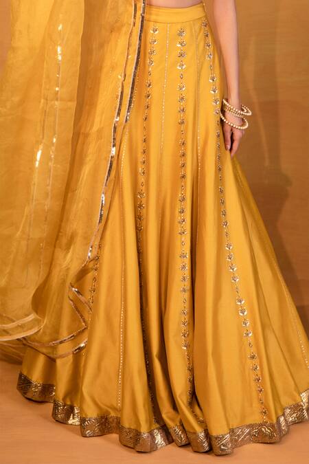 Esha Koul_Yellow Organza, Chanderi, Semi-crepe Round Lehenga Set _at_Aza_Fashions