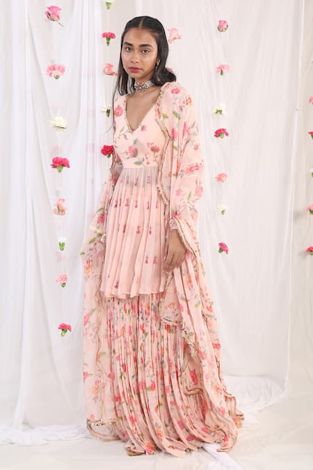 Esha Koul_Pink Organza, Georgette, Semi Crepe Floral Motifs V Neck Print Kurta Sharara Set_Online_at_Aza_Fashions