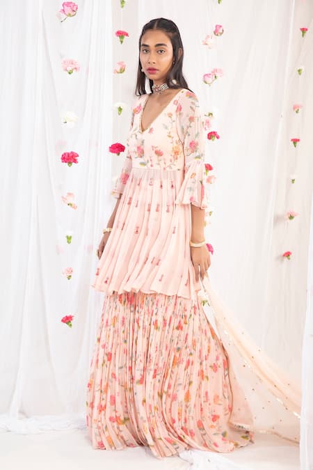 Buy_Esha Koul_Pink Organza, Georgette, Semi Crepe Floral Motifs V Neck Print Kurta Sharara Set_Online_at_Aza_Fashions