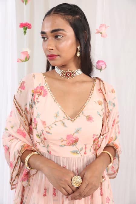 Shop_Esha Koul_Pink Organza, Georgette, Semi Crepe Floral Motifs V Neck Print Kurta Sharara Set_Online_at_Aza_Fashions