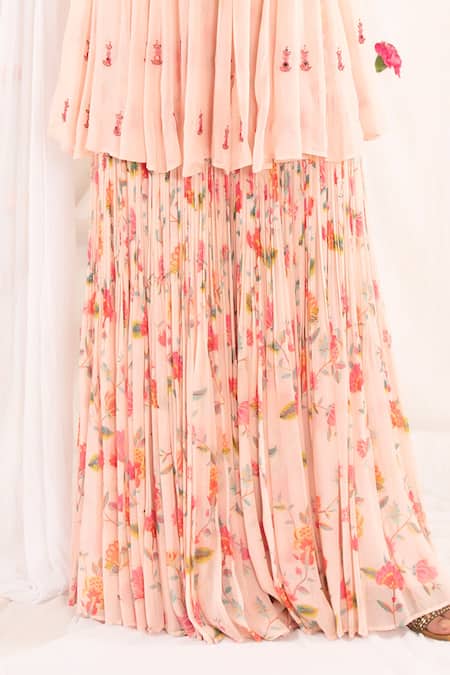 Esha Koul_Pink Organza, Georgette, Semi Crepe Floral Motifs V Neck Print Kurta Sharara Set_at_Aza_Fashions