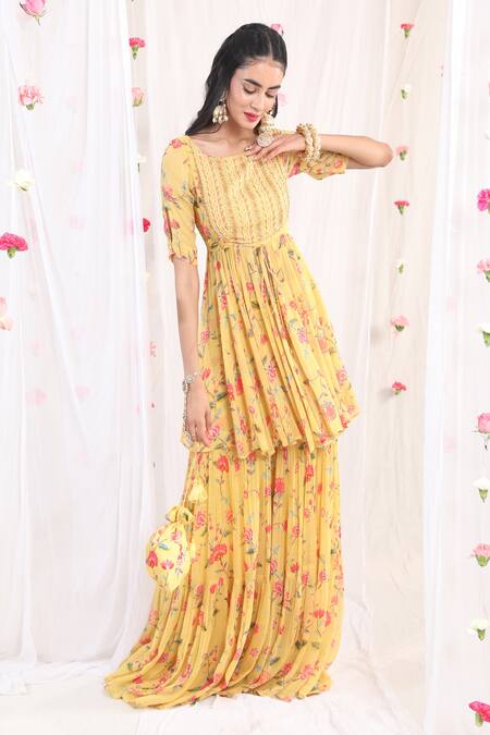 Shop Esha Koul Yellow Organza, Georgette, Semi Crepe Floral Motifs Boat Print Kurta Sharara Set at Aza Fashions Shop_Esha Koul_Yellow Organza, Georgette, Semi Crepe Floral Motifs Boat Print Kurta Sharara Set_at_Aza_Fashions