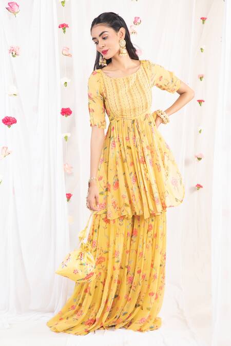 Esha Koul Yellow Organza, Georgette, Semi Crepe Floral Motifs Boat Print Kurta Sharara Set Online at Aza Fashions Esha Koul_Yellow Organza, Georgette, Semi Crepe Floral Motifs Boat Print Kurta Sharara Set_Online_at_Aza_Fashions