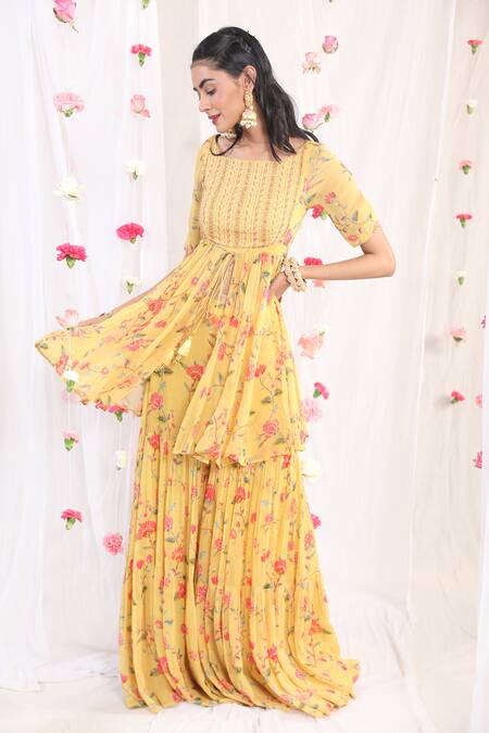 Buy Esha Koul Yellow Organza, Georgette, Semi Crepe Floral Motifs Boat Print Kurta Sharara Set Online at Aza Fashions Buy_Esha Koul_Yellow Organza, Georgette, Semi Crepe Floral Motifs Boat Print Kurta Sharara Set_Online_at_Aza_Fashions
