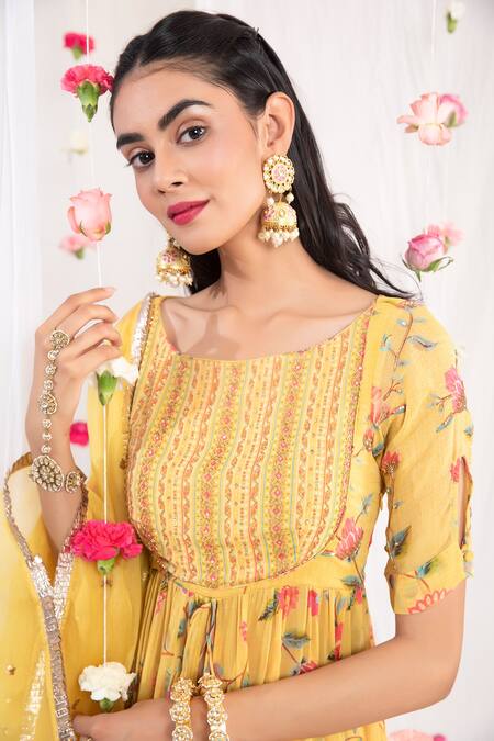 Shop Esha Koul Yellow Organza, Georgette, Semi Crepe Floral Motifs Boat Print Kurta Sharara Set Online at Aza Fashions Shop_Esha Koul_Yellow Organza, Georgette, Semi Crepe Floral Motifs Boat Print Kurta Sharara Set_Online_at_Aza_Fashions