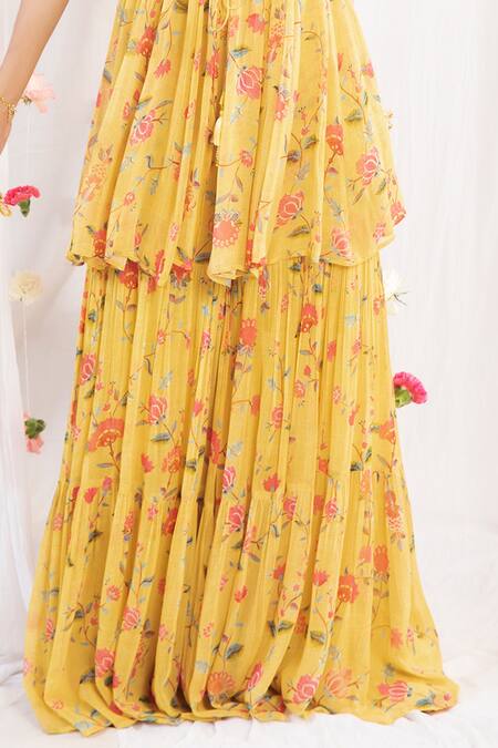 Esha Koul Yellow Organza, Georgette, Semi Crepe Floral Motifs Boat Print Kurta Sharara Set at Aza Fashions Esha Koul_Yellow Organza, Georgette, Semi Crepe Floral Motifs Boat Print Kurta Sharara Set_at_Aza_Fashions
