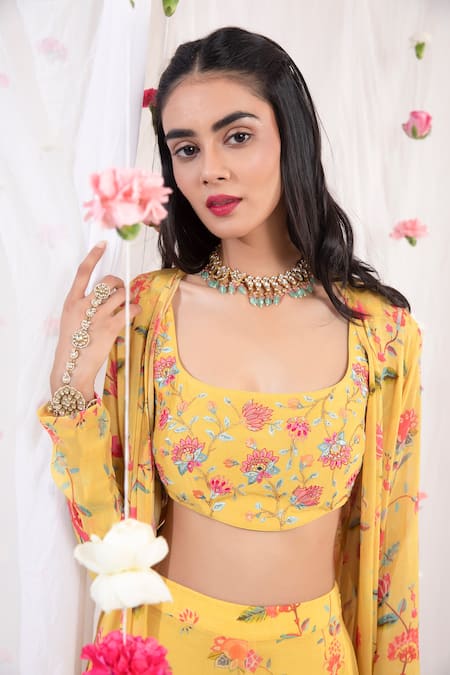 Esha Koul_Yellow Chanderi, Georgette, Semi Crepe Floral Printed Jacket And Sharara Set_Online_at_Aza_Fashions