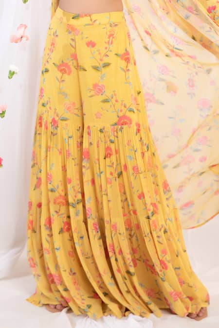 Buy_Esha Koul_Yellow Chanderi, Georgette, Semi Crepe Floral Printed Jacket And Sharara Set_Online_at_Aza_Fashions