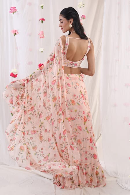 Shop_Esha Koul_Pink Chanderi, Georgette, Semi Crepe Floral Printed Ruffle Saree With Blouse _at_Aza_Fashions