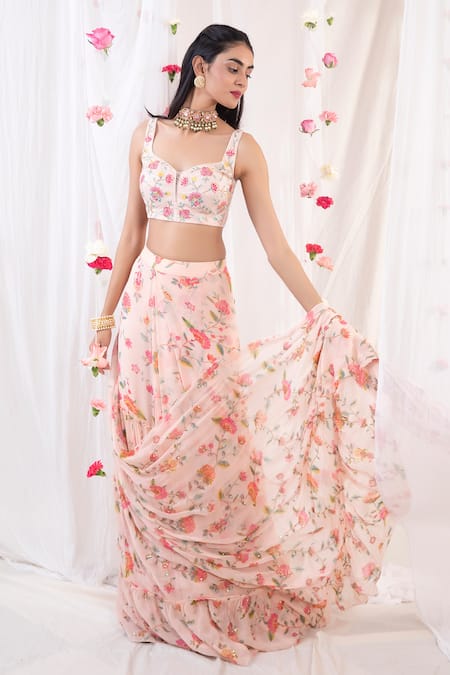 Buy_Esha Koul_Pink Chanderi, Georgette, Semi Crepe Floral Printed Ruffle Saree With Blouse _Online_at_Aza_Fashions