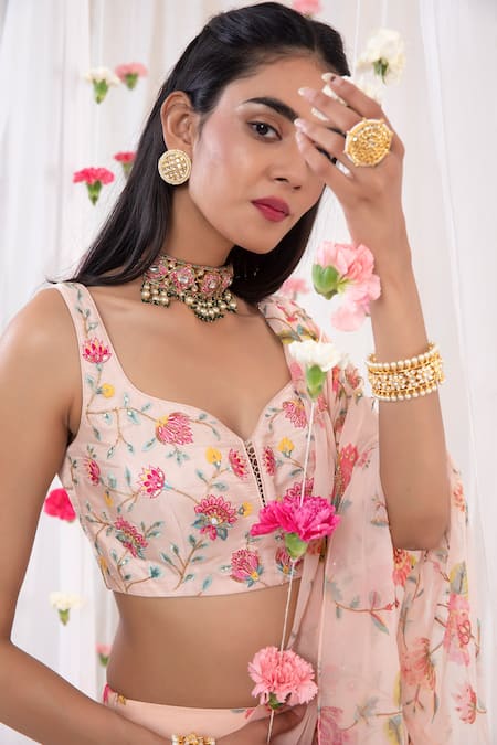 Esha Koul_Pink Chanderi, Georgette, Semi Crepe Floral Printed Ruffle Saree With Blouse _at_Aza_Fashions