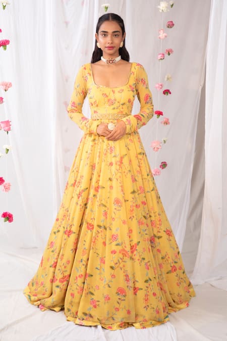 Esha Koul_Yellow Organza, Georgette, Semi Crepe Printed Corset Anarkali With Dupatta_Online_at_Aza_Fashions