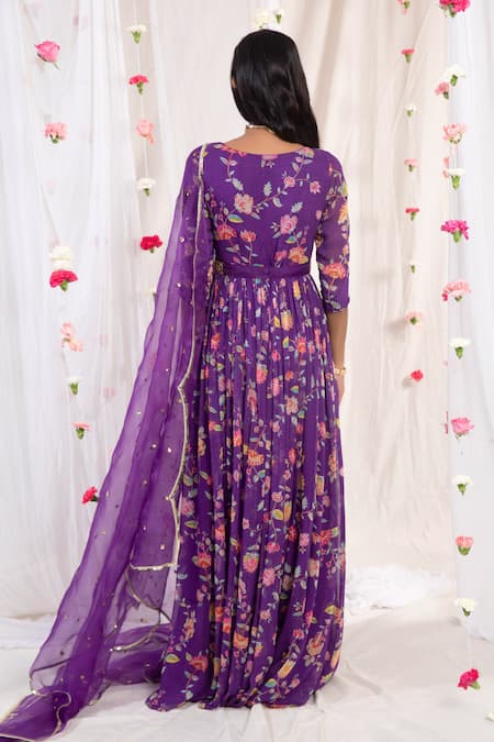 Shop Esha Koul Purple Organza, Georgette, Semi Crepe Floral Motifs Print Anarkali With Dupatta at Aza Fashions Shop_Esha Koul_Purple Organza, Georgette, Semi Crepe Floral Motifs Print Anarkali With Dupatta_at_Aza_Fashions