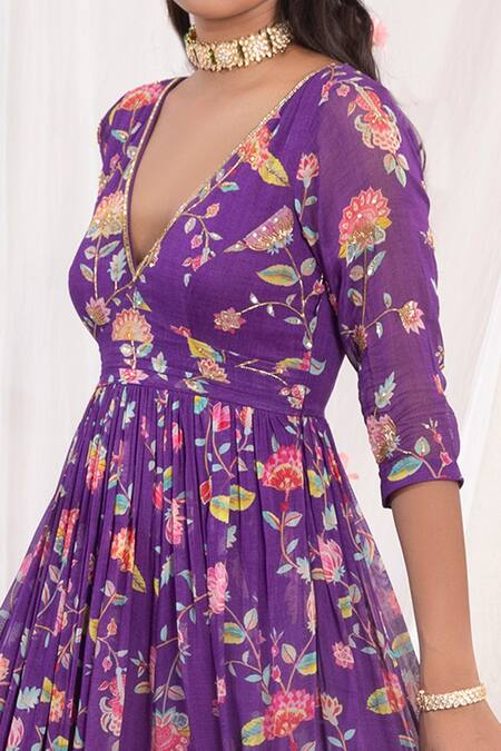 Esha Koul Purple Organza, Georgette, Semi Crepe Floral Motifs Print Anarkali With Dupatta Online at Aza Fashions Esha Koul_Purple Organza, Georgette, Semi Crepe Floral Motifs Print Anarkali With Dupatta_Online_at_Aza_Fashions