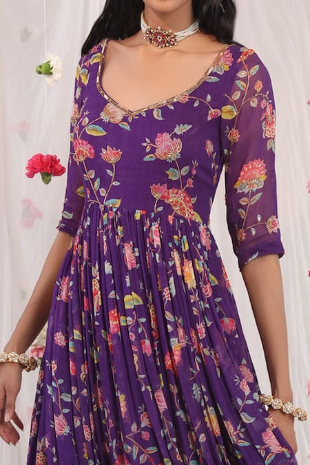 Esha Koul_Purple Organza, Georgette, Semi Crepe Floral Motifs Printed Anarkali Sharara Set_Online_at_Aza_Fashions