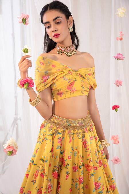 Buy Esha Koul Yellow Draped Blouse And Printed Lehenga Set Online at Aza Fashions Buy_Esha Koul_Yellow Draped Blouse And Printed Lehenga Set _Online_at_Aza_Fashions