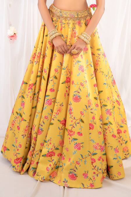 Shop Esha Koul Yellow Draped Blouse And Printed Lehenga Set Online at Aza Fashions Shop_Esha Koul_Yellow Draped Blouse And Printed Lehenga Set _Online_at_Aza_Fashions