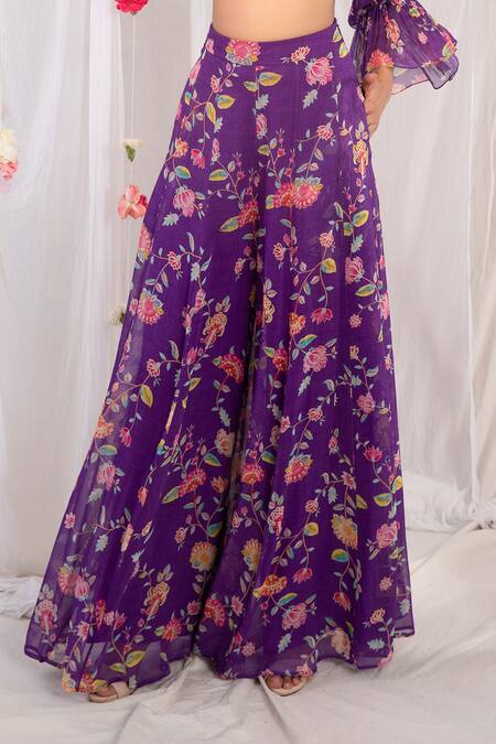 Buy_Esha Koul_Purple Georgette, Semi Crepe Floral Motifs V Neck Print Pant And Crop Top Set _Online_at_Aza_Fashions