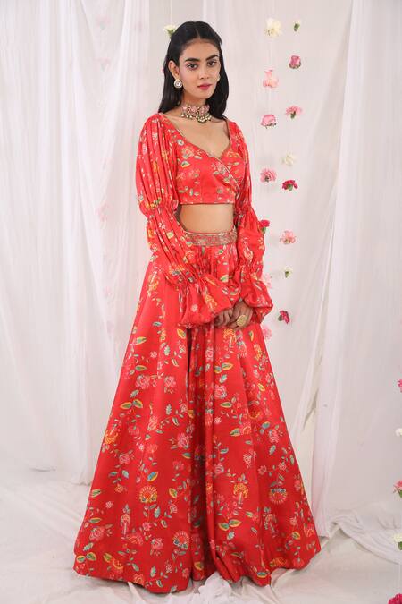 Esha Koul_Red Gajji Satin, Semi Crepe Floral Motifs V Neck Print Blouse And Lehenga Set _Online_at_Aza_Fashions