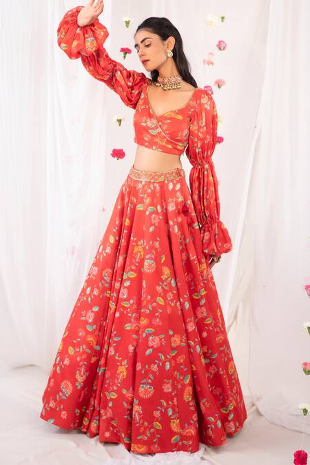 Buy_Esha Koul_Red Gajji Satin, Semi Crepe Floral Motifs V Neck Print Blouse And Lehenga Set _Online_at_Aza_Fashions