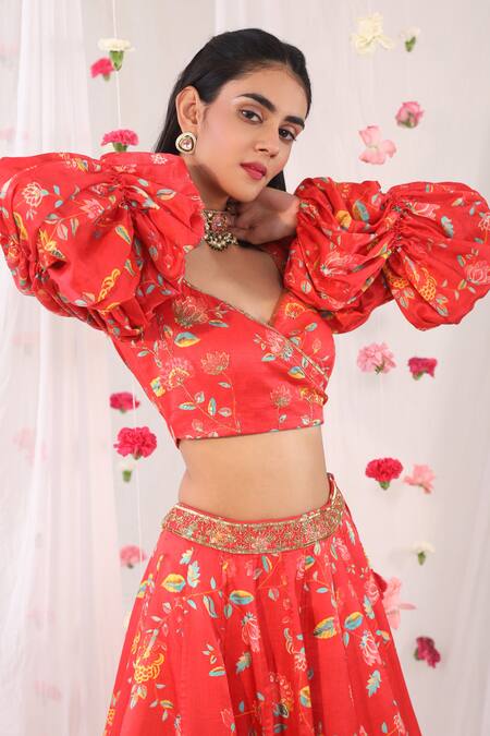 Shop_Esha Koul_Red Gajji Satin, Semi Crepe Floral Motifs V Neck Print Blouse And Lehenga Set _Online_at_Aza_Fashions