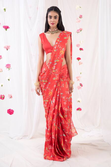 Esha Koul Red Gajji Satin, Semi Crepe Floral Motifs Pre-draped Printed Saree With Blouse Online at Aza Fashions Esha Koul_Red Gajji Satin, Semi Crepe Floral Motifs Pre-draped Printed Saree With Blouse _Online_at_Aza_Fashions