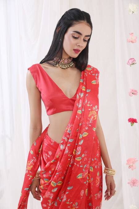 Buy Esha Koul Red Gajji Satin, Semi Crepe Floral Motifs Pre-draped Printed Saree With Blouse Online at Aza Fashions Buy_Esha Koul_Red Gajji Satin, Semi Crepe Floral Motifs Pre-draped Printed Saree With Blouse _Online_at_Aza_Fashions