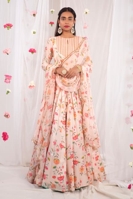 Esha Koul Pink Gajji Satin, Semi Crepe Floral Motifs Printed Jacket Anarkali With Dupatta 