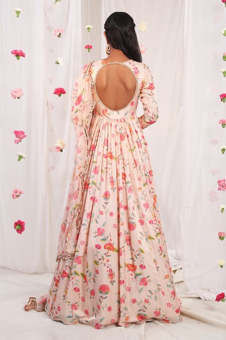 Shop Esha Koul Pink Gajji Satin, Semi Crepe Floral Motifs Printed Jacket Anarkali With Dupatta at Aza Fashions Shop_Esha Koul_Pink Gajji Satin, Semi Crepe Floral Motifs Printed Jacket Anarkali With Dupatta _at_Aza_Fashions