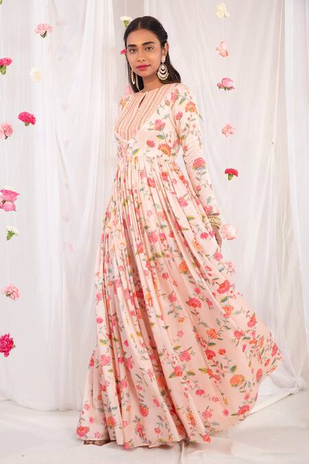 Esha Koul Pink Gajji Satin, Semi Crepe Floral Motifs Printed Jacket Anarkali With Dupatta Online at Aza Fashions Esha Koul_Pink Gajji Satin, Semi Crepe Floral Motifs Printed Jacket Anarkali With Dupatta _Online_at_Aza_Fashions