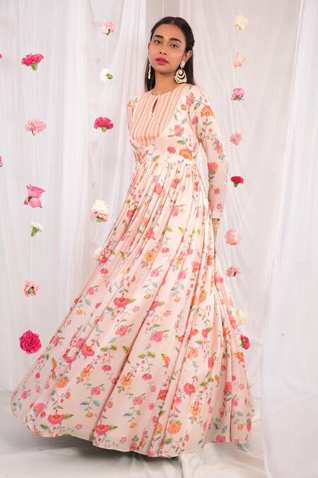 Buy Esha Koul Pink Gajji Satin, Semi Crepe Floral Motifs Printed Jacket Anarkali With Dupatta Online at Aza Fashions Buy_Esha Koul_Pink Gajji Satin, Semi Crepe Floral Motifs Printed Jacket Anarkali With Dupatta _Online_at_Aza_Fashions