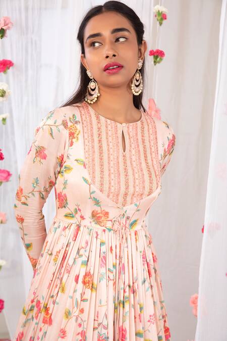 Shop Esha Koul Pink Gajji Satin, Semi Crepe Floral Motifs Printed Jacket Anarkali With Dupatta Online at Aza Fashions Shop_Esha Koul_Pink Gajji Satin, Semi Crepe Floral Motifs Printed Jacket Anarkali With Dupatta _Online_at_Aza_Fashions
