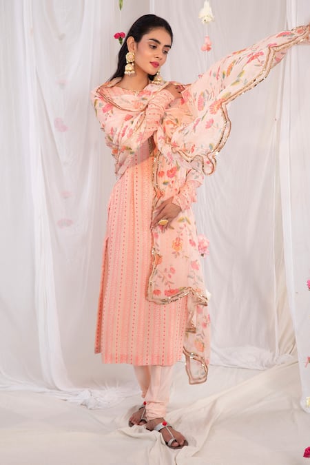 Esha Koul_Pink Gajji Satin, Semi Crepe Geometric Motifs Round Printed Straight Kurta Set_Online_at_Aza_Fashions