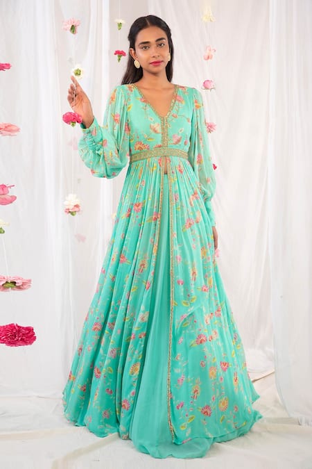 Esha Koul Green Georgette Printed Floral Motifs V Jacket Anarkali And Skirt Set 