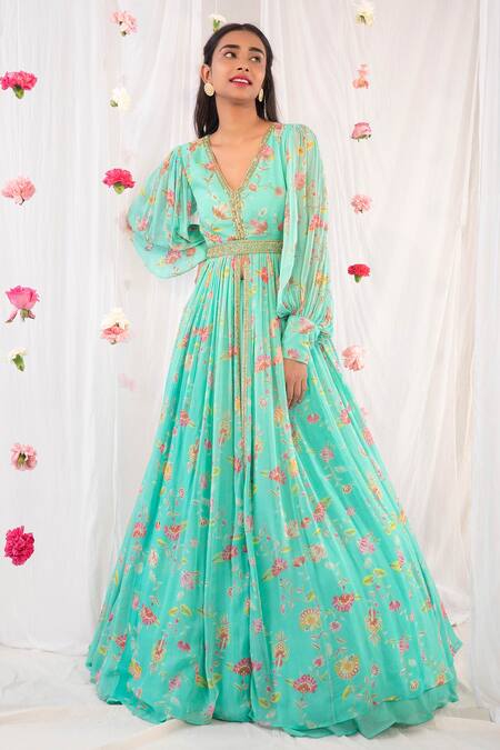 Esha Koul_Green Organza, Georgette, Semi Crepe Floral Printed Jacket Anarkali And Skirt Set _Online_at_Aza_Fashions