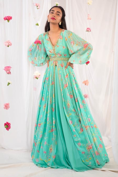 Buy_Esha Koul_Green Organza, Georgette, Semi Crepe Floral Printed Jacket Anarkali And Skirt Set _Online_at_Aza_Fashions