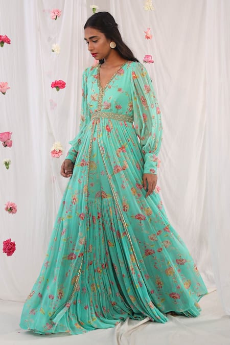 Shop Esha Koul Green Organza, Georgette, Semi Crepe Printed Jacket Anarkali And Sharara Set at Aza Fashions Shop_Esha Koul_Green Organza, Georgette, Semi Crepe Printed Jacket Anarkali And Sharara Set _at_Aza_Fashions