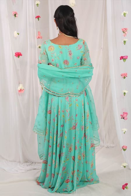 Shop Esha Koul Green Organza, Georgette, Semi Crepe Floral Motifs Scoop Neck Print Anarkali Set at Aza Fashions Shop_Esha Koul_Green Organza, Georgette, Semi Crepe Floral Motifs Scoop Neck Print Anarkali Set _at_Aza_Fashions