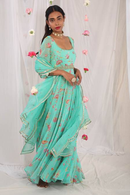 Esha Koul_Green Organza, Georgette, Semi Crepe Floral Motifs Scoop Neck Print Anarkali Set _Online_at_Aza_Fashions