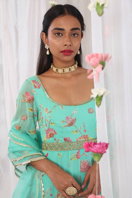 Buy Esha Koul Green Organza, Georgette, Semi Crepe Floral Motifs Scoop Neck Print Anarkali Set Online at Aza Fashions Buy_Esha Koul_Green Organza, Georgette, Semi Crepe Floral Motifs Scoop Neck Print Anarkali Set _Online_at_Aza_Fashions