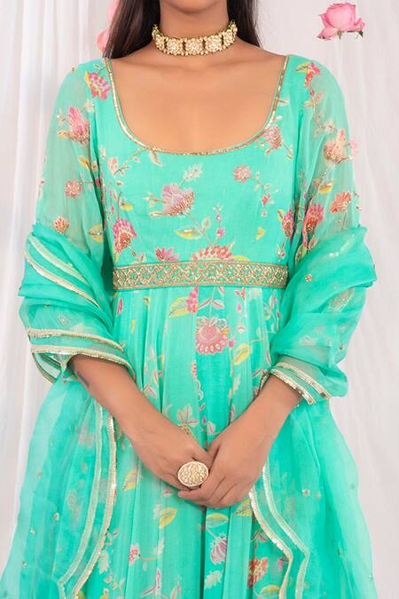 Shop Esha Koul Green Organza, Georgette, Semi Crepe Floral Motifs Scoop Neck Print Anarkali Set Online at Aza Fashions Shop_Esha Koul_Green Organza, Georgette, Semi Crepe Floral Motifs Scoop Neck Print Anarkali Set _Online_at_Aza_Fashions