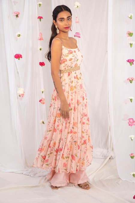 Esha Koul Pink Georgette, Semi Crepe Floral Motifs Scoop Printed Spaghetti Anarkali Set Online at Aza Fashions Esha Koul_Pink Georgette, Semi Crepe Floral Motifs Scoop Printed Spaghetti Anarkali Set _Online_at_Aza_Fashions