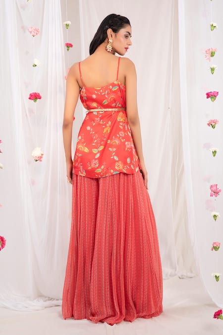 Shop_Esha Koul_Red Georgette, Semi Crepe Floral Motifs Printed Spaghetti Top And Palazzo Set _at_Aza_Fashions