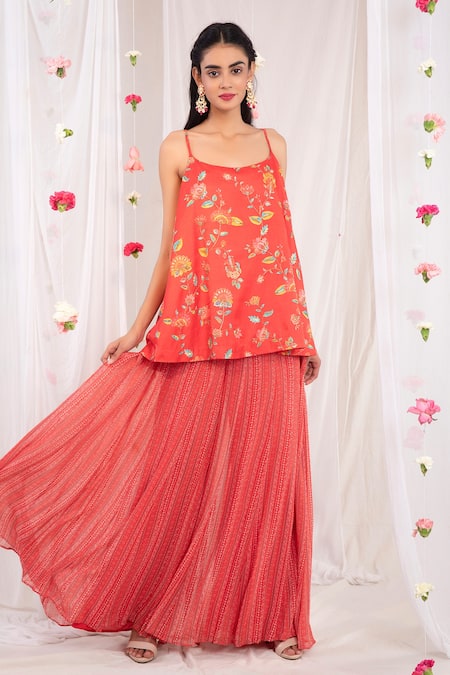 Esha Koul_Red Georgette, Semi Crepe Floral Motifs Printed Spaghetti Top And Palazzo Set _Online_at_Aza_Fashions